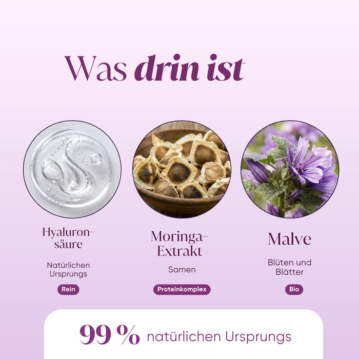 Ingrédients du sérum : acide hyaluronique pur, extrait de Moringa, mauve, 99 % d'origine naturelle