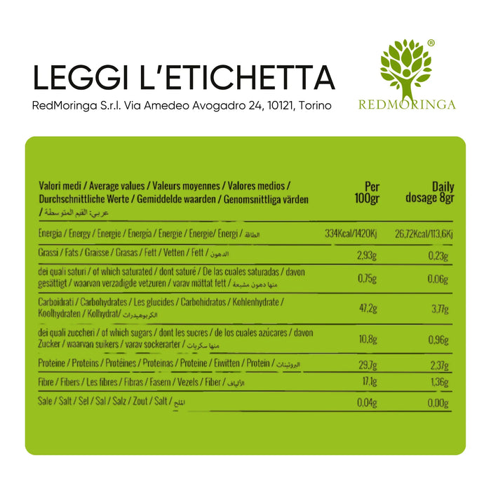 Valeurs nutritives de la poudre de Moringa pour 100 g et pour 8 g