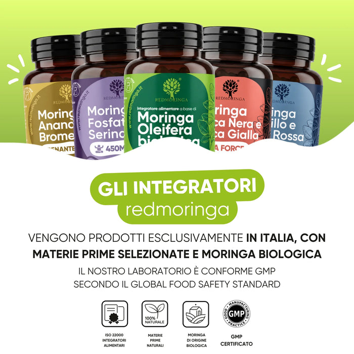Les compléments RedMoringa sont fabriqués en Italie avec du Moringa bio, laboratoire conforme BPF