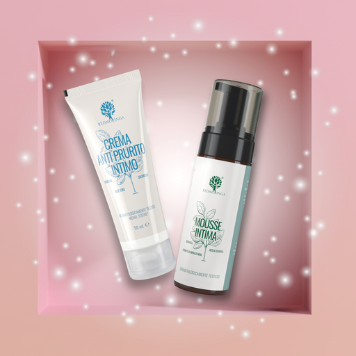 Bundle intimo naturale RedMoringa con mousse detergente e crema lenitiva, trattamento completo per igiene, comfort e benessere intimo femminile.