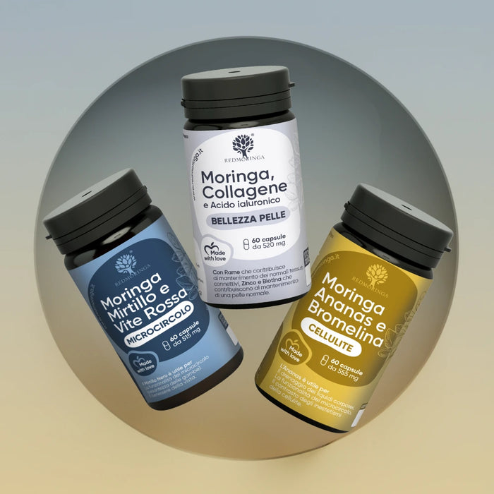 Moringa, Mirtillo e Vite Rossa - Microcircolo
Moringa, Collagene e Acido ialuronico - Bellezza Pelle
Moringa, Ananas e Bromelina - Cellulite