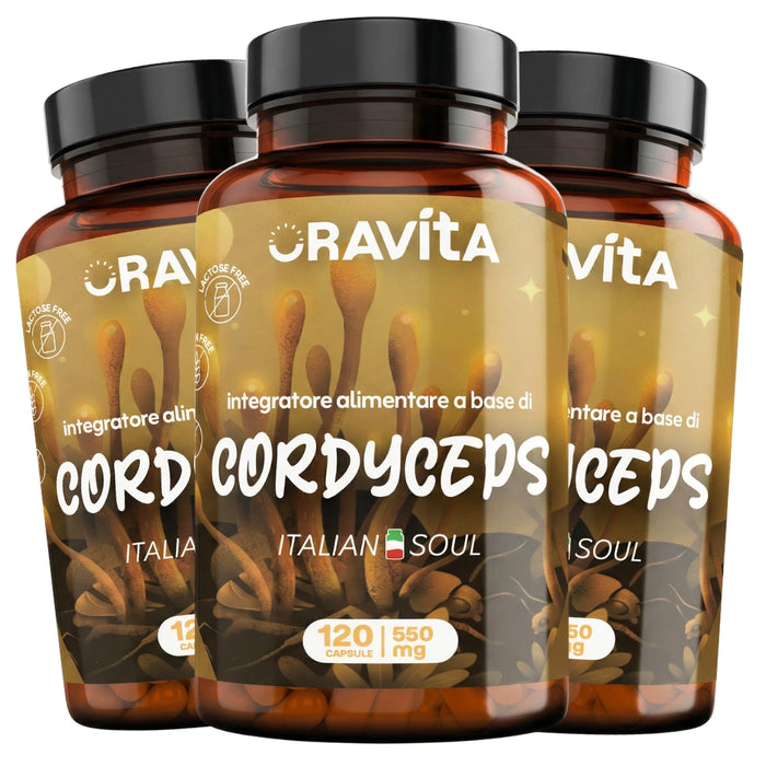 Cordyceps Kapseln ORAVità – 3er-Packshot mit 360 Kapseln 550mg, Extrakt titriert auf 40% Polysaccharide
