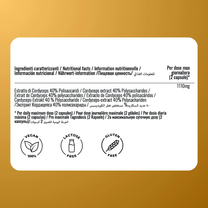 Etikett Cordyceps Kapseln ORAVità: Extrakt 40% Polysaccharide, vollständige Zutaten und Nährwertangaben