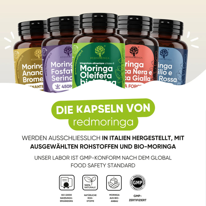 Les compléments RedMoringa sont fabriqués en Italie avec du Moringa bio, laboratoire conforme BPF