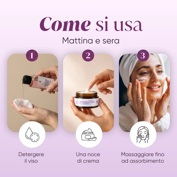 Mode d'emploi de la crème visage : nettoyer, une noisette, masser, matin et soir