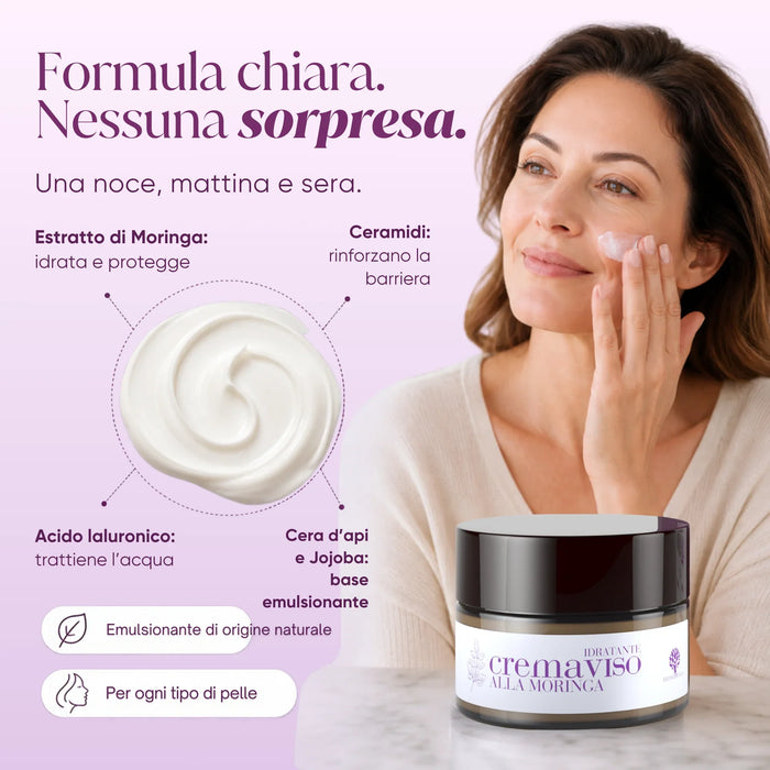 Formule claire : extrait de Moringa, acide hyaluronique, céramides, cire d'abeille et jojoba
