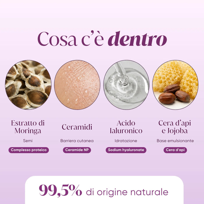 Ingrédients : extrait de Moringa, céramides, acide hyaluronique, cire d'abeille et jojoba