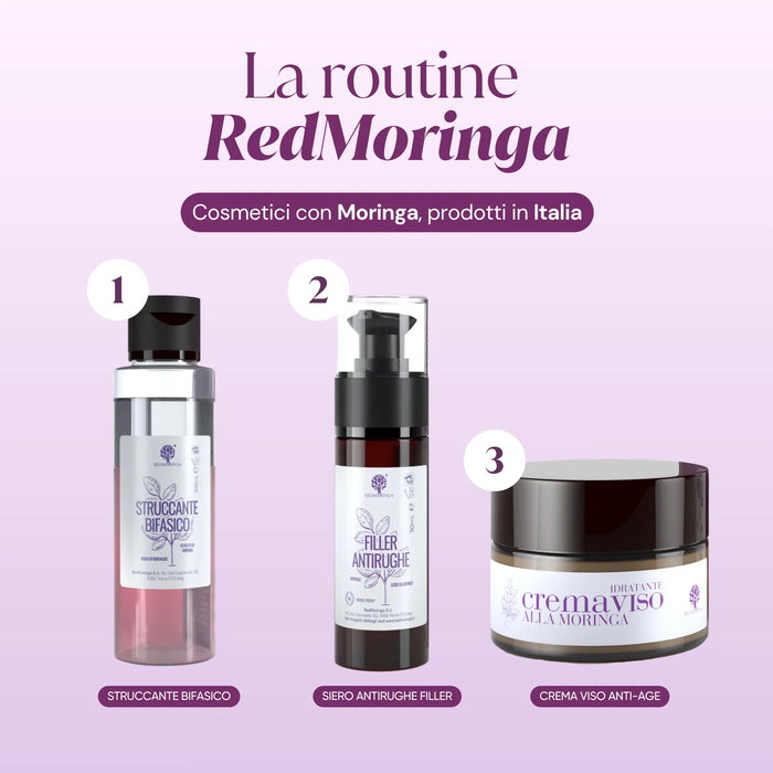Routine RedMoringa : démaquillant biphasé, sérum anti-rides, crème visage anti-âge