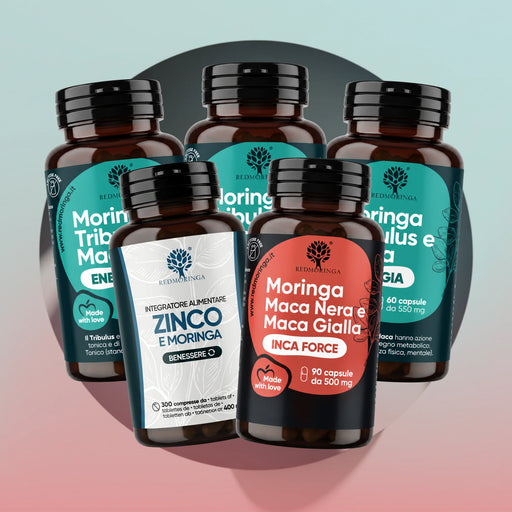 Traitement INCA BOOST RedMoringa : cinq pots avec Moringa Tribulus et Maca Energia, Zinc et Moringa et INCA FORCE