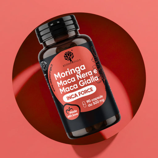 Flacon INCA FORCE RedMoringa, complément de maca noire et maca jaune avec Moringa, 90 gélules de 500 mg sur fond rouge