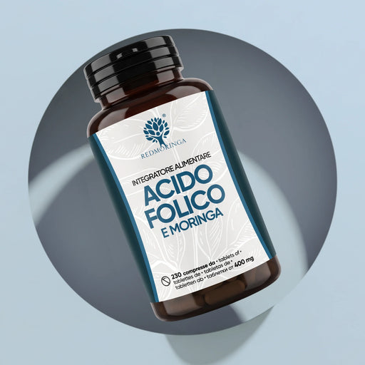 Flacon du complément alimentaire Acide Folique et Moringa RedMoringa, 230 comprimés de 400 mg, conçu pour la grossesse