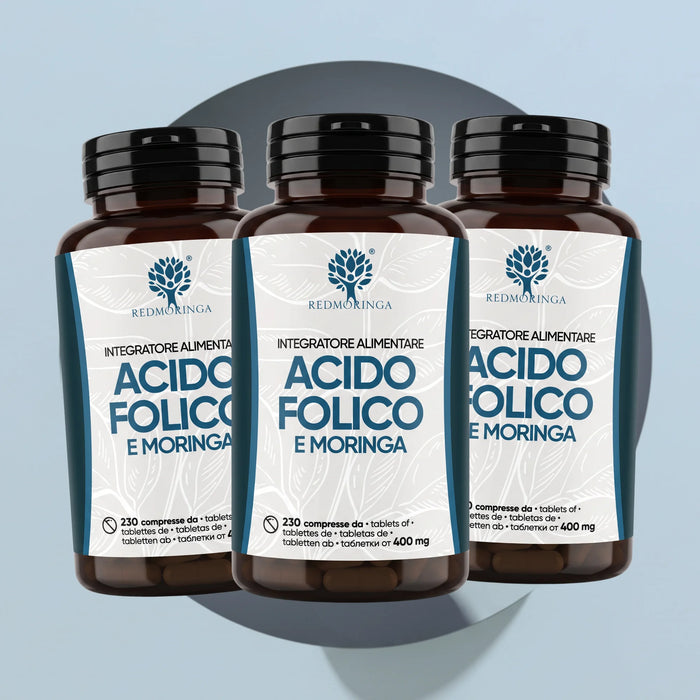 Trois flacons du complément Acide Folique et Moringa RedMoringa, 230 comprimés de 400 mg, pour la grossesse
