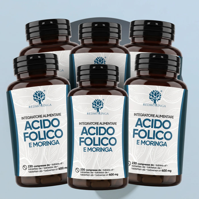 Six flacons du complément Acide Folique et Moringa RedMoringa, 230 comprimés chacun, réserve pour la grossesse