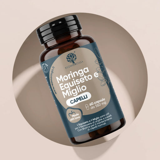 Flacon Moringa Prêle et Millet RedMoringa, complément cheveux à la biotine, 60 gélules de 550 mg
