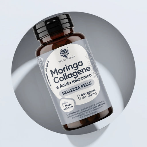 Complément collagène au Moringa RedMoringa : Moringa Collagène et Acide Hyaluronique, flacon de 60 gélules de 520 mg