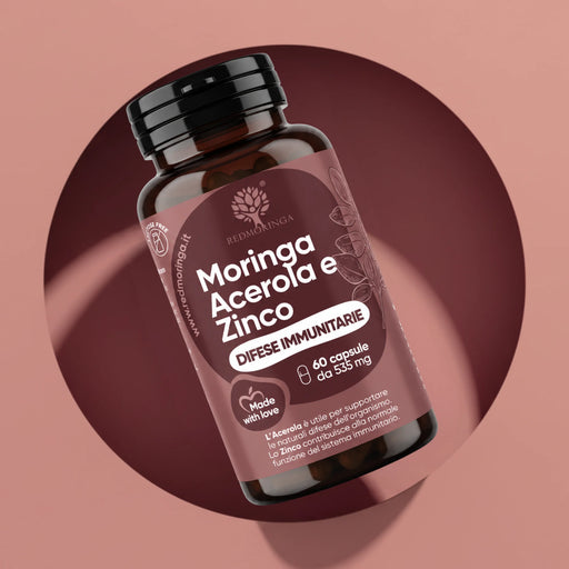 Flacon Moringa Acérola et Zinc RedMoringa, complément défenses immunitaires, 60 gélules de 535 mg sur fond rose