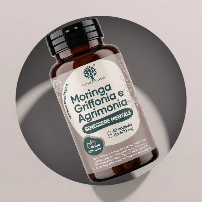 Flacon Moringa Griffonia et Aigremoine Bien-être Mental RedMoringa, 60 gélules de 600 mg, griffonia contre anxiété et stress
