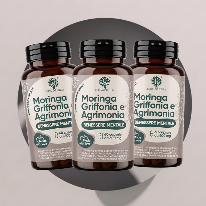 Trois flacons Moringa Griffonia et Aigremoine RedMoringa, lot de 3 pour une cure de 60 jours