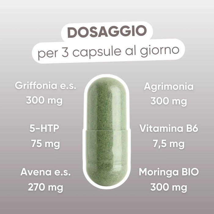 Dosage pour 3 gélules : griffonia 300 mg, aigremoine 300 mg, vitamine B6 7,5 mg