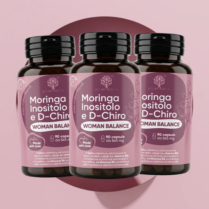 Trois flacons Woman Balance RedMoringa, complément inositol et Moringa, 3 x 90 gélules végétales pour 3 mois
