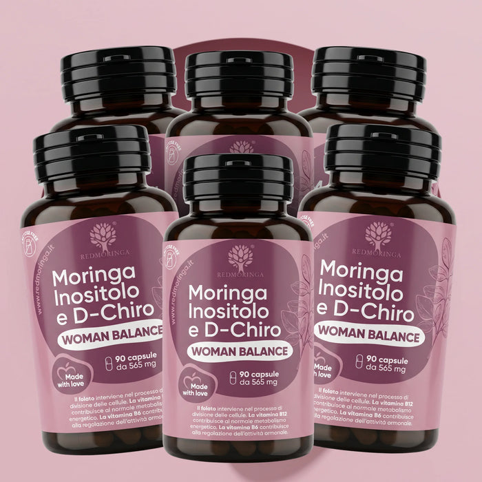 Six flacons Woman Balance RedMoringa, complément inositol et Moringa, 6 x 90 gélules végétales pour 6 mois