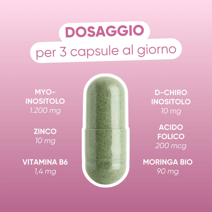 Dosage pour 3 gélules : myo-inositol 1 200 mg, D-chiro-inositol 10 mg, zinc 10 mg, vitamine B6 1,4 mg, acide folique 200 µg, Moringa bio 90 mg