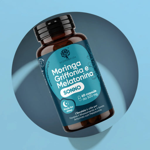 Moringa Griffonia et Mélatonine Sonno RedMoringa, pot de 60 gélules de 500 mg : complément pour le sommeil avec eschscholtzia