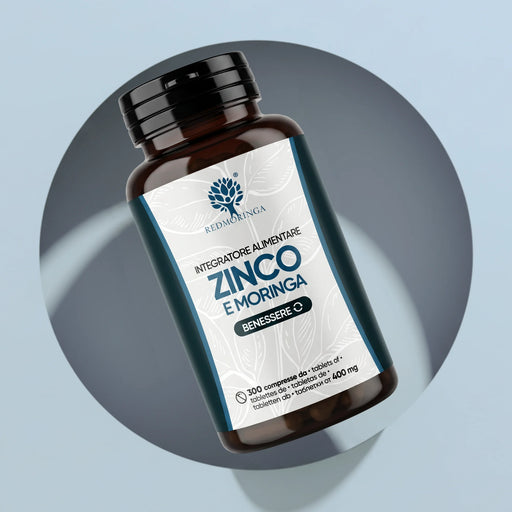 Flacon du complément alimentaire zinc et moringa RedMoringa, 300 comprimés de 400 mg, pour la peau et l'acné