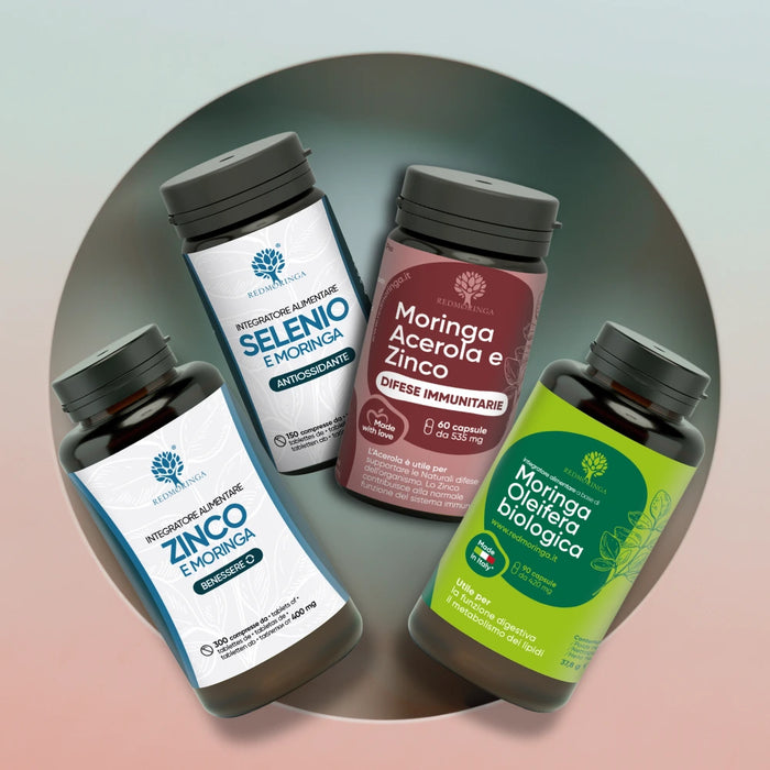 Composizione fotografica di quattro flaconi di integratori RedMoringa: Selenio e Moringa (Antiossidante), Zinco e Moringa (Benessere), Moringa Acerola e Zinco (Difese Immunitarie) e Moringa Oleifera biologica (Metabolismo lipidi).
