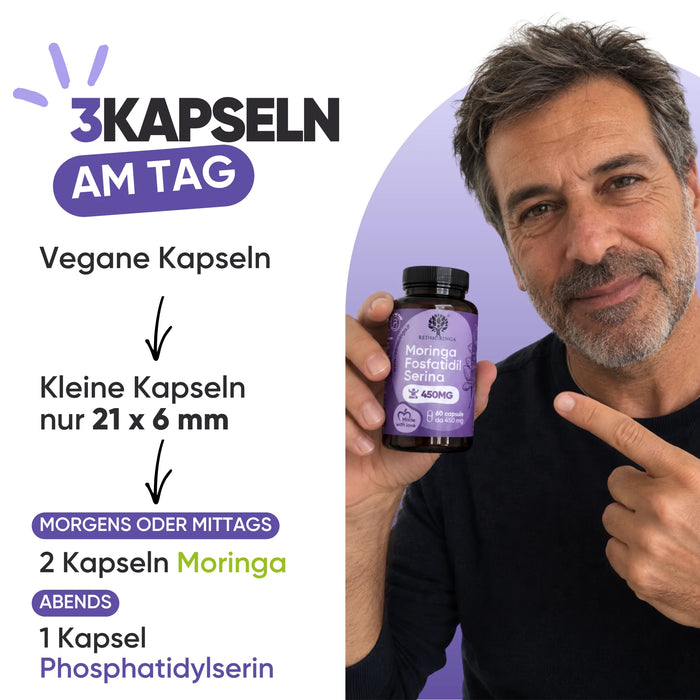 Mode d'emploi : 2 gélules de Moringa le matin ou à midi, 1 gélule de Phosphatidylsérine le soir