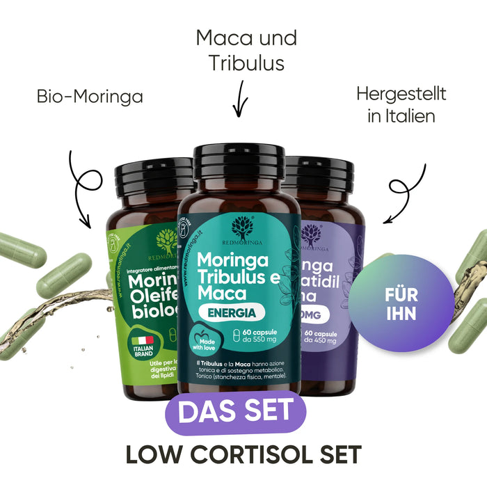 Set Low Cortisol version homme : Phosphatidylsérine, Moringa, Maca et Tribulus