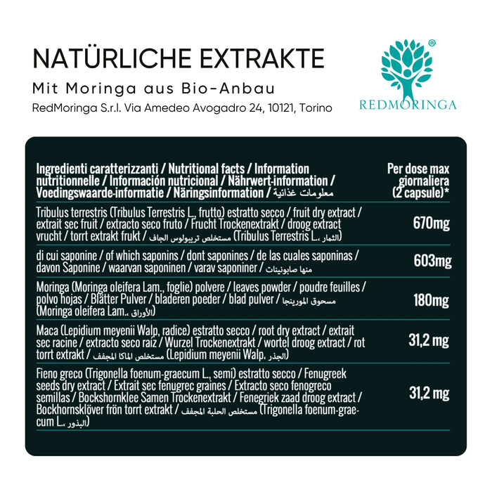 Tableau des ingrédients Energia : Tribulus, Maca, Moringa, Fenugrec