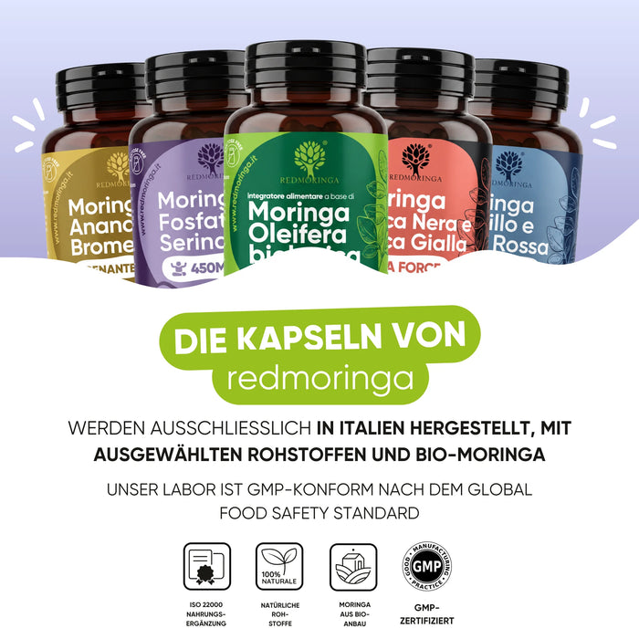 Les compléments RedMoringa sont fabriqués en Italie avec du Moringa bio, laboratoire conforme BPF
