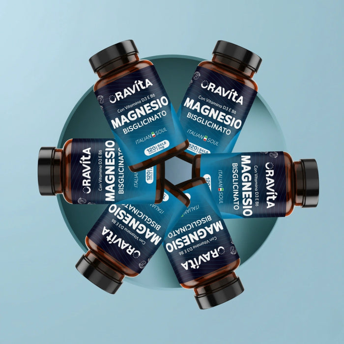 Magnesio bisglicinato ORAVità – bundle 6 flaconi da 120 capsule con D3 e B6, prodotto in Italia