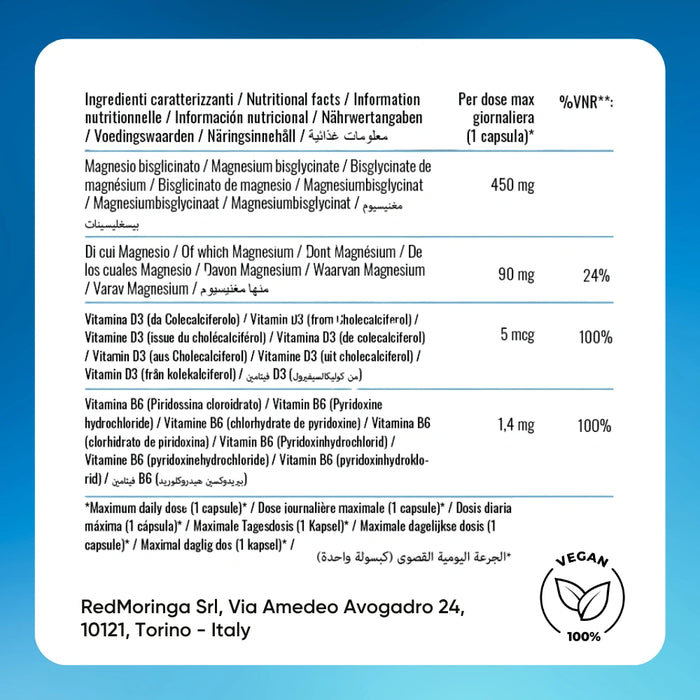 Etikett Magnesium Bisglycinat ORAVità: 450mg pro Kapsel, D3 und B6, vollständige Zutaten und Nährwertangaben