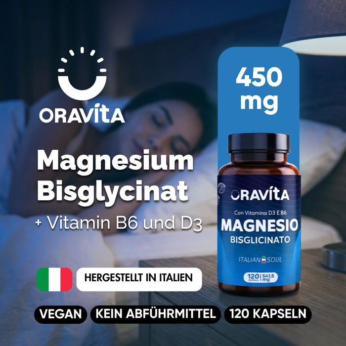 Magnesium Bisglycinat Nahrungsergänzungsmittel ORAVità 450mg – hergestellt in Italien, vegan, kein Abführmittel
