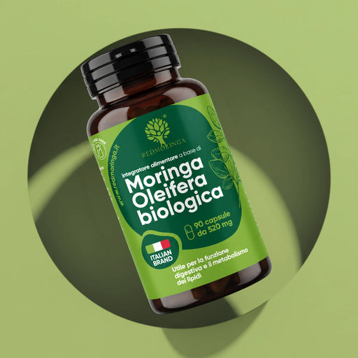 Flacon de Moringa Oleifera bio RedMoringa, complément en gélules, 90 gélules de 520 mg de feuilles, Italian Brand
