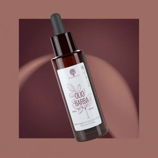 Flacon compte-gouttes de l'Huile à Barbe RedMoringa au Moringa, argan, jojoba et macadamia sur fond bordeaux