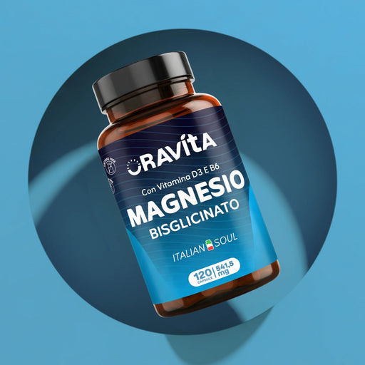 Flacon Oravita bisglycinate de magnésium avec vitamines D3 et B6, 120 gélules de 541,5 mg, fabriqué en Italie