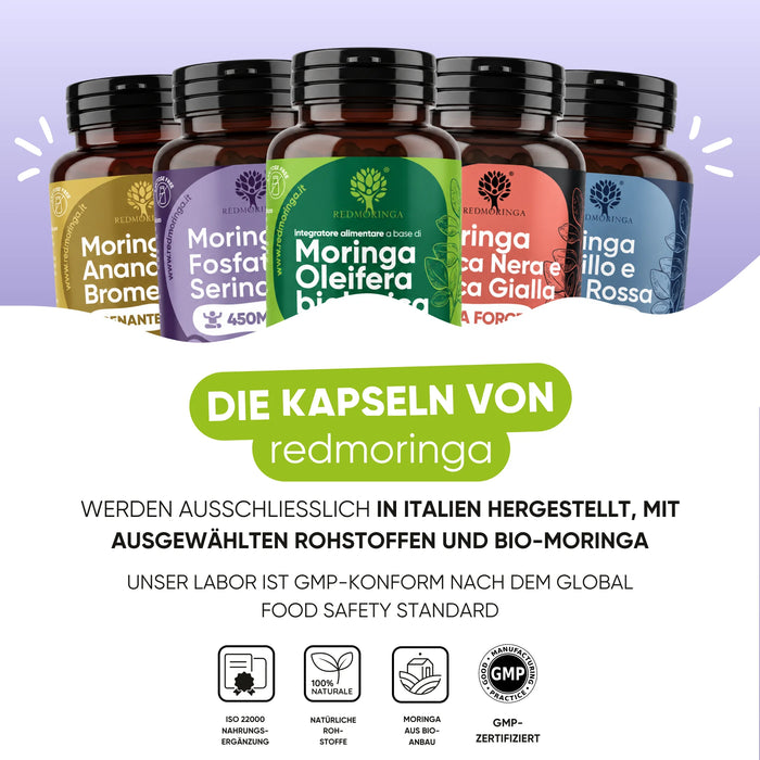 Les compléments RedMoringa sont fabriqués en Italie avec du Moringa bio, laboratoire conforme BPF