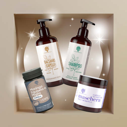 Programma anticaduta capelli RedMoringa integrato nutriente e rinforzante per ridurre la caduta e stimolare la ricrescita dei capelli.
