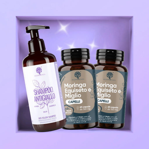 Programme RedMoringa cheveux décolorés et gris : shampoing anti-jaune et deux flacons de Moringa Prêle et Millet
