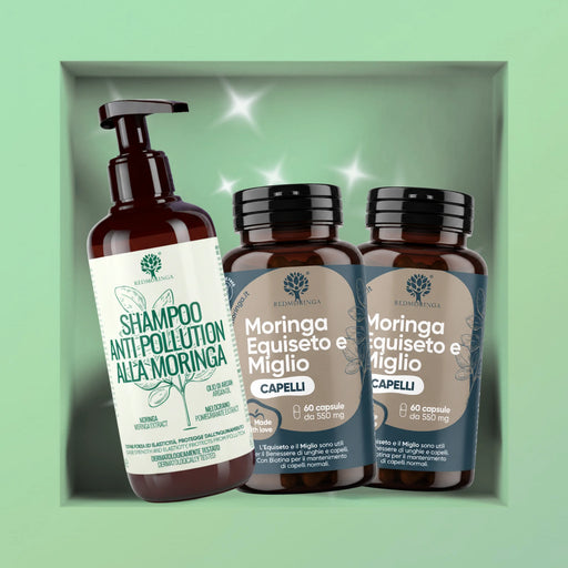 Programme Cheveux Forts et Propres RedMoringa : Shampooing Anti-Pollution au Moringa et deux flacons Moringa Prêle et Millet