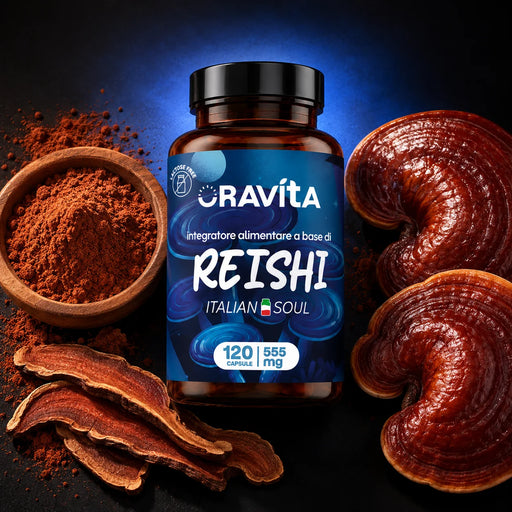 Flacon Reishi Oravita 120 gélules avec champignons reishi frais, tranches séchées et poudre, extrait titré à 30 %