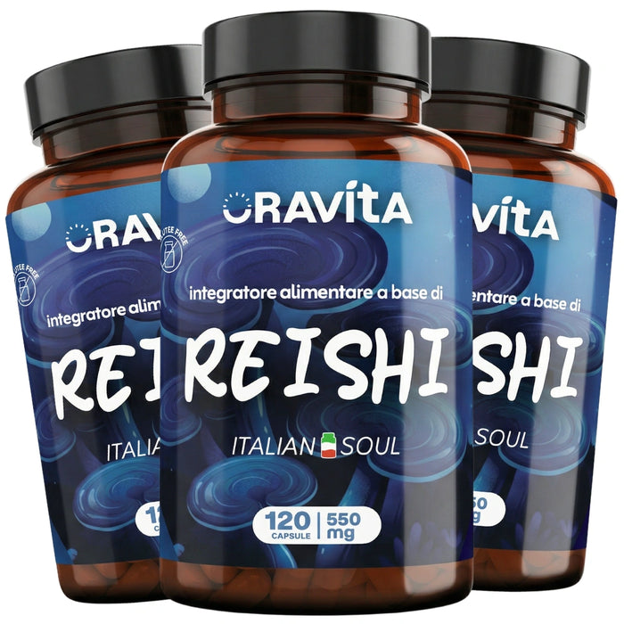 Reishi Kapseln ORAVità – 3er-Packshot mit 360 Kapseln 550mg, Extrakt titriert auf 30% Polysaccharide
