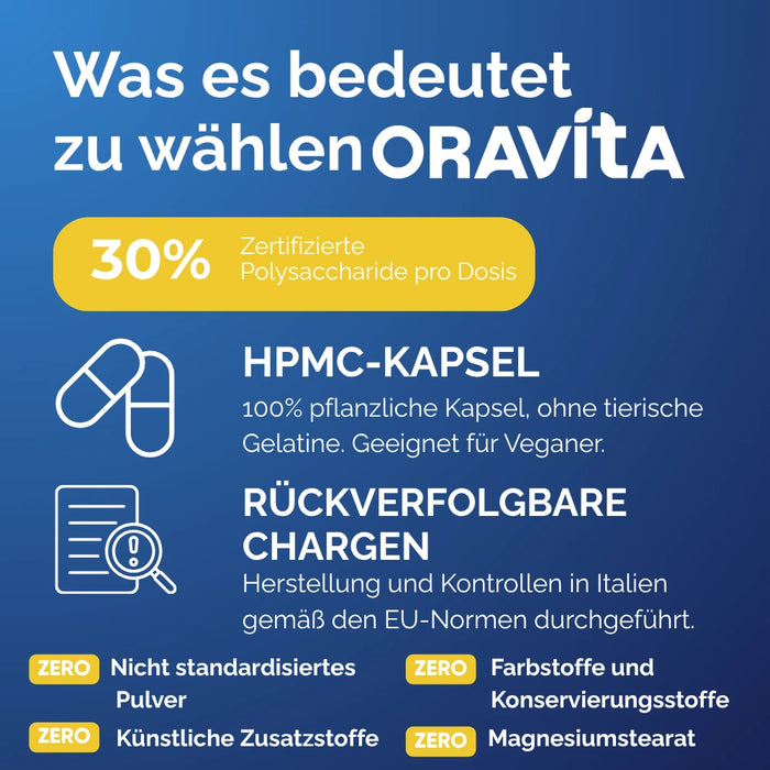 Reishi Kapseln ORAVità: 30% zertifizierte Polysaccharide, pflanzliche HPMC-Kapsel, rückverfolgbare Chargen