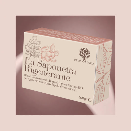 Boîte du savon régénérant RedMoringa de 100 g au beurre de karité, huile de coco et Moringa bio