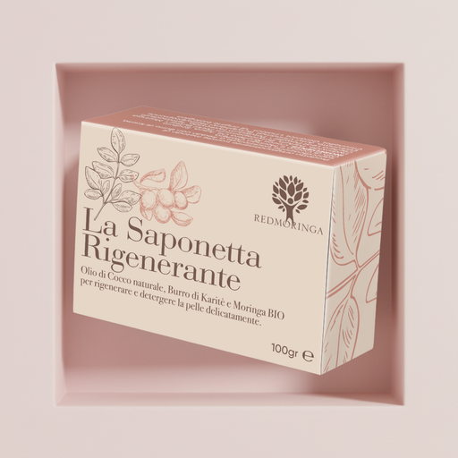 Saponetta rigenerante naturale RedMoringa con estratti vegetali, favorisce il rinnovamento cellulare e dona luminosità alla pelle.