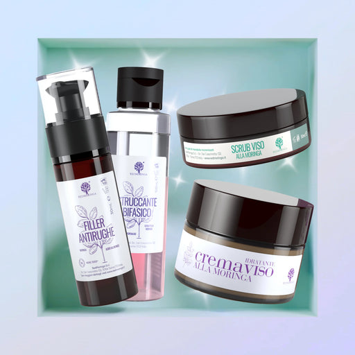 Coffret Moringa Beauty RedMoringa : filler anti-rides, démaquillant biphasé, gommage et crème visage, soin anti-âge naturel