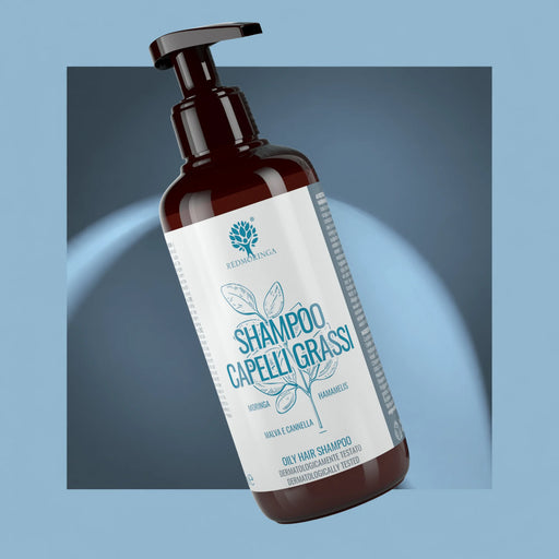Flacon Shampoing Cheveux Gras RedMoringa avec pompe, 250 ml, shampoing moringa à l'hamamélis, mauve et cannelle